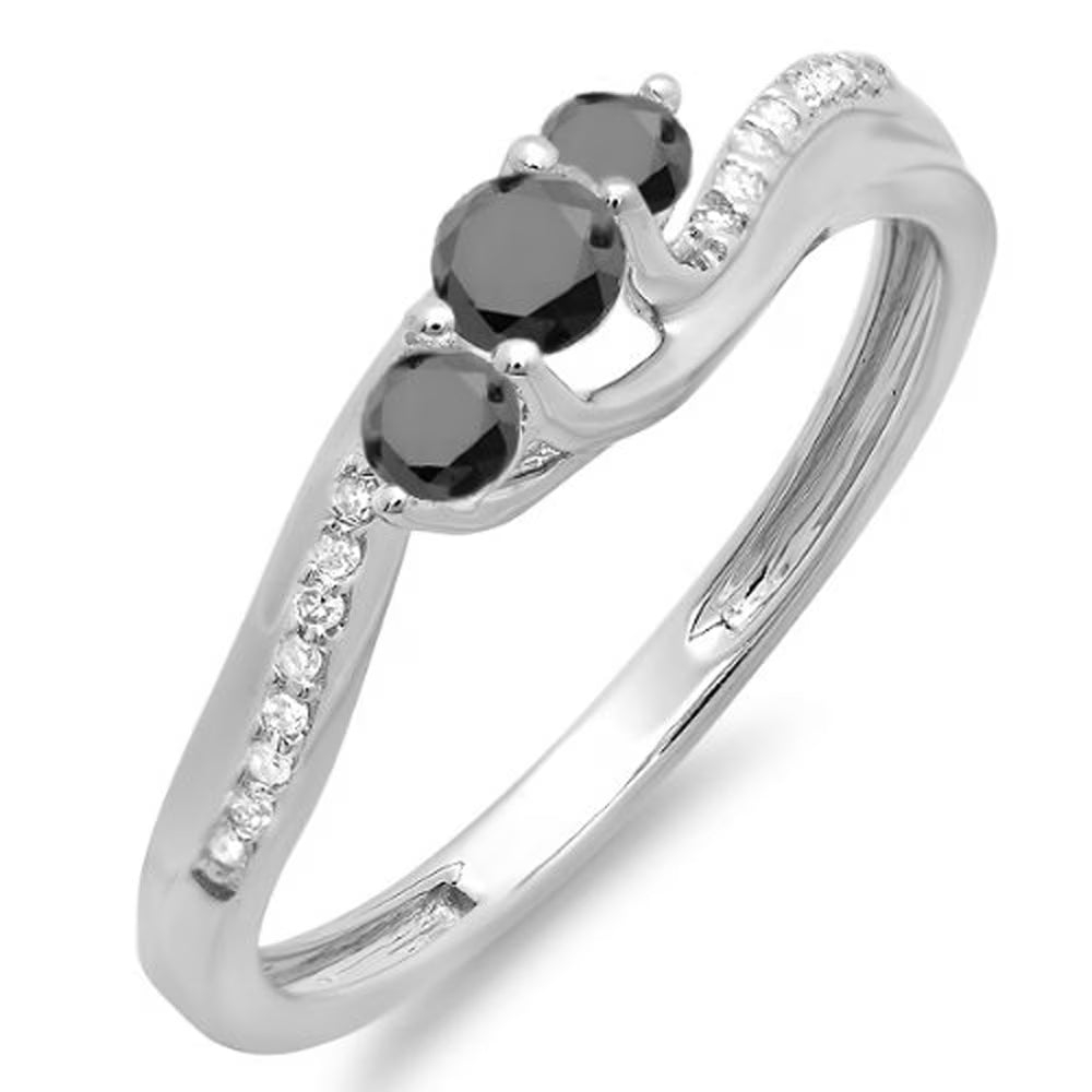 0.50 Carat Black & White Diamond 3 Stone Swirl Ring, White Gold, Size 7.5 L6980