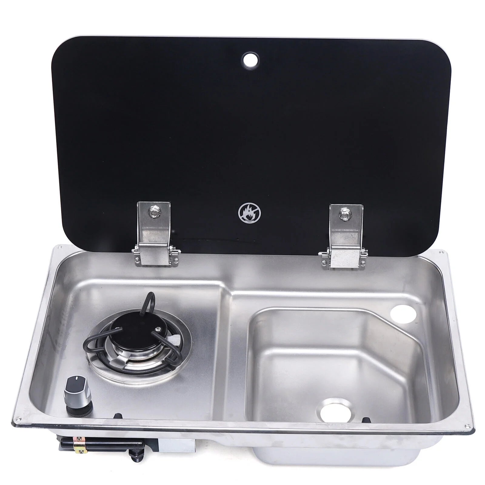 1 Burner Gas Stove Hob Sink Combo with Black Glass Lid Faucet D986