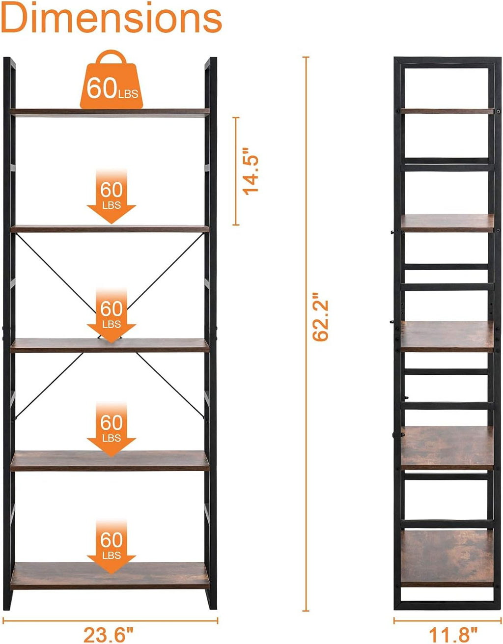 5 Tier Tall Bookshelf Bookcase, Brown Y270