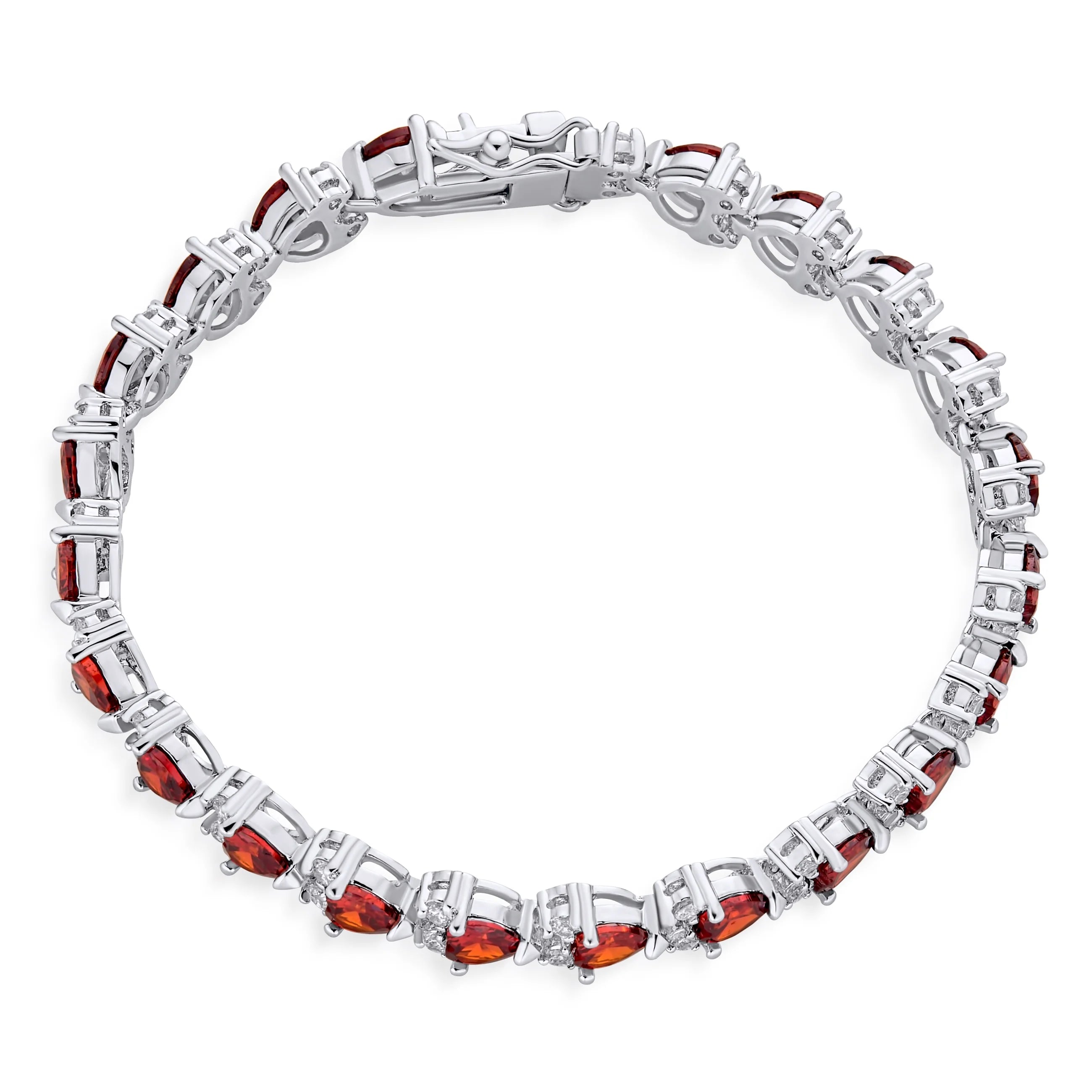 Cubic Zirconia Red Heart Shaped Tennis Bracelet Silver Plated 7.5 Inch M7017