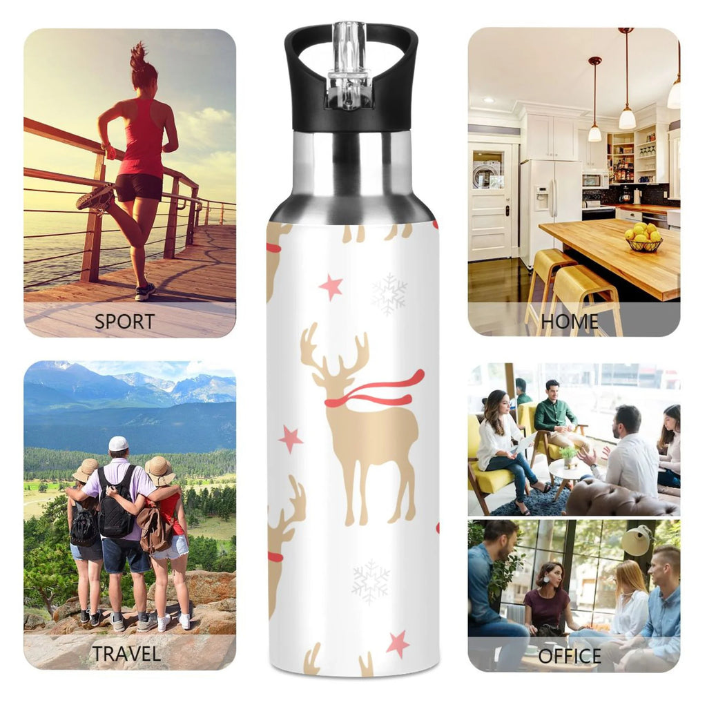 Gold Deers and Snowflakes Stainless Steel Insulated Water Bottle with Straw Lid T628