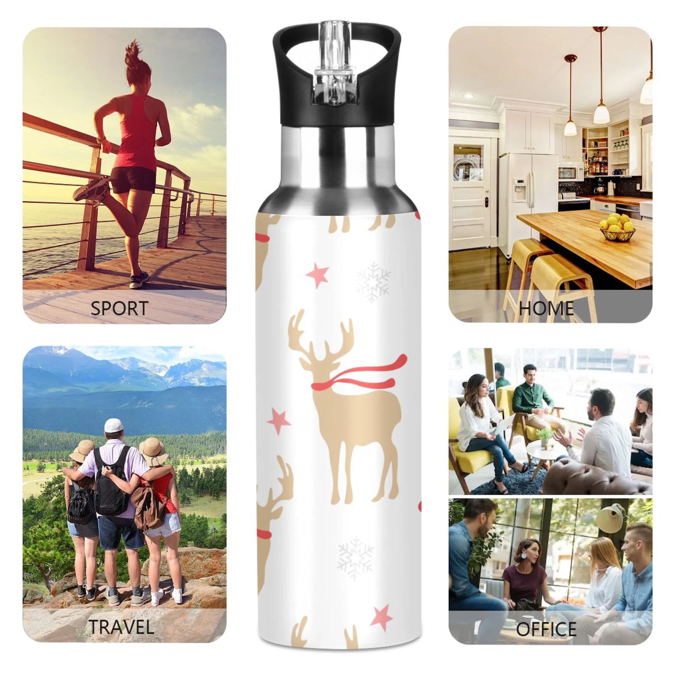Gold Deers and Snowflakes Stainless Steel Insulated Water Bottle with Straw Lid T628
