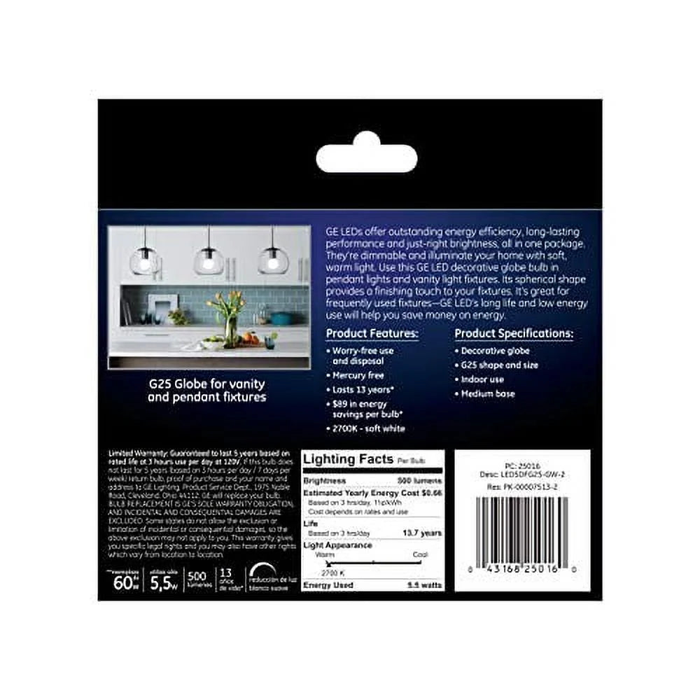 2-Pack 5.5-Watt LED Soft White Dimmable G25 Light Bulbs F5000