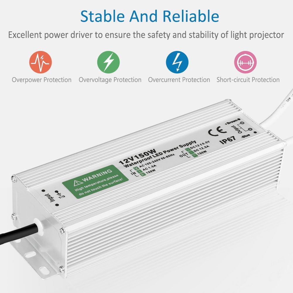 LEDMO IP67 Power Supply 300 Watts DC12V 25A AC/DC Driver Transformer Adapter Low Voltage Output with 3-Prong Plug 3.3 Feet Cable Y514