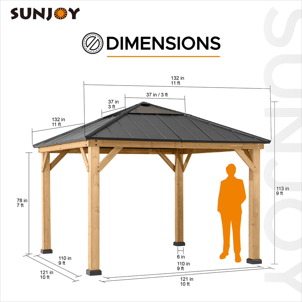 Cedar Framed Gazebo with Black Steel and Polycarbonate Hip Roof Hardtop U8584