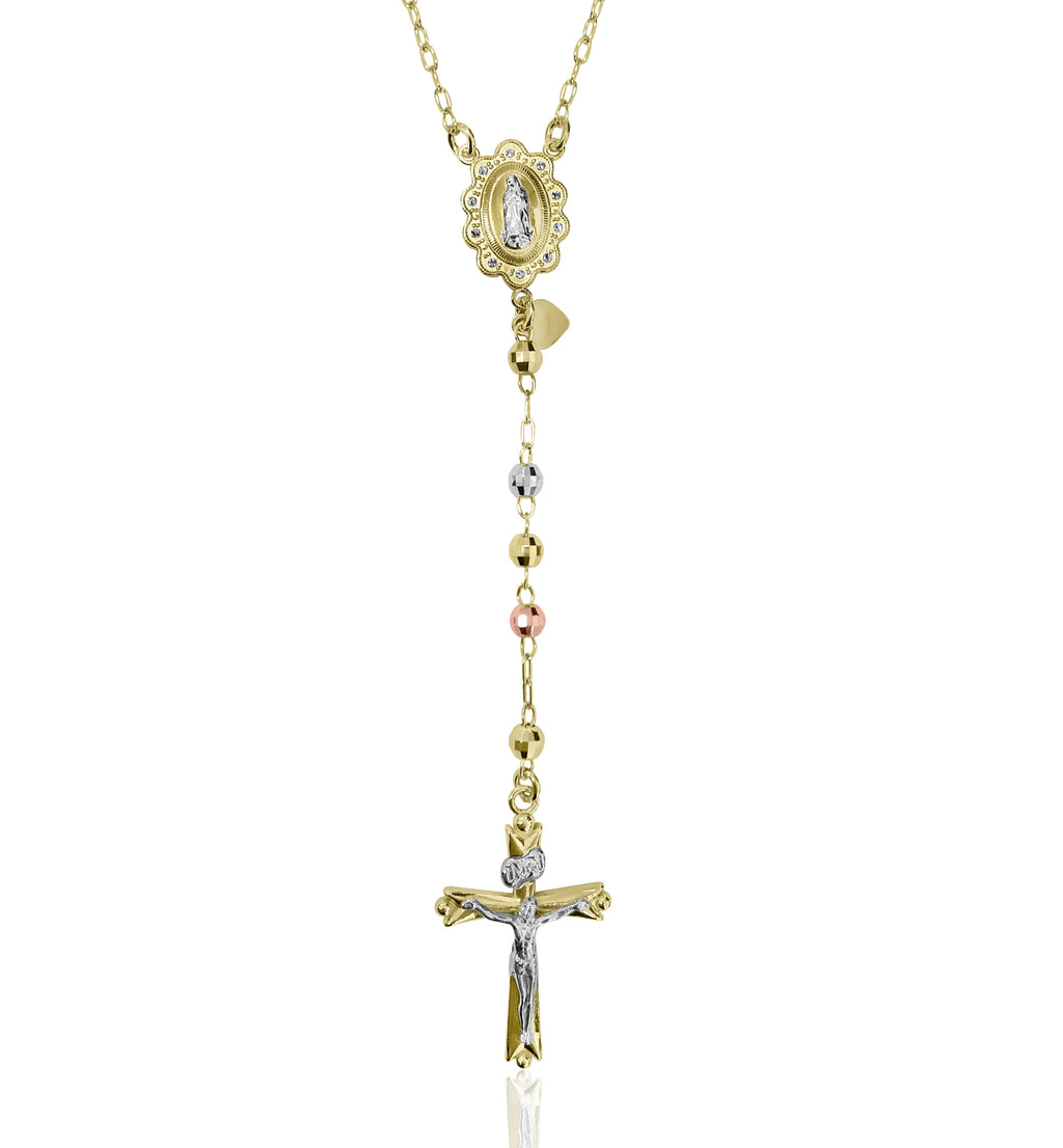 14K Gold Plated Sterling Silver Tri Color Beads Rosary Necklace 26" V9547