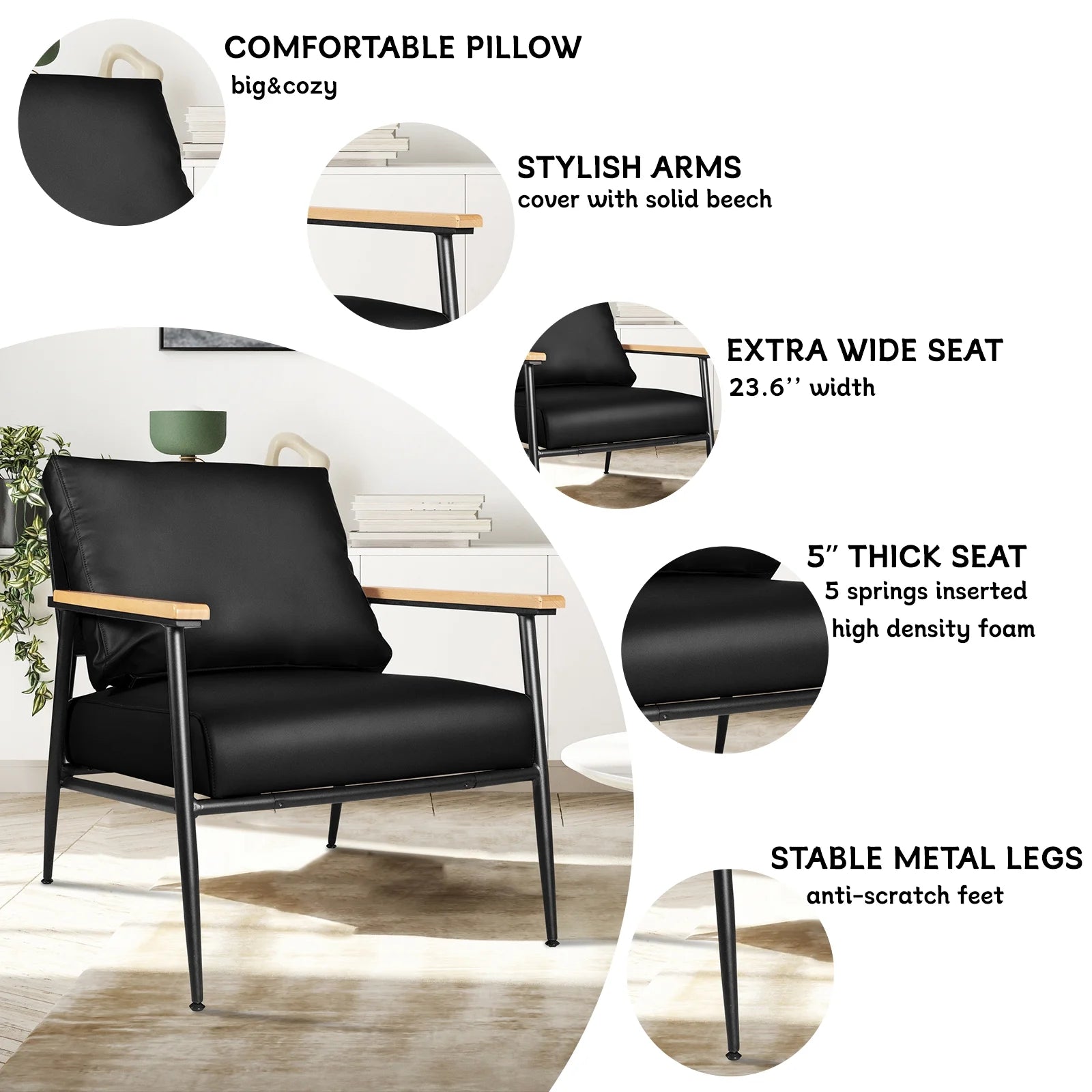 Black PU Leather Accent Chair with Metal Frame A4153