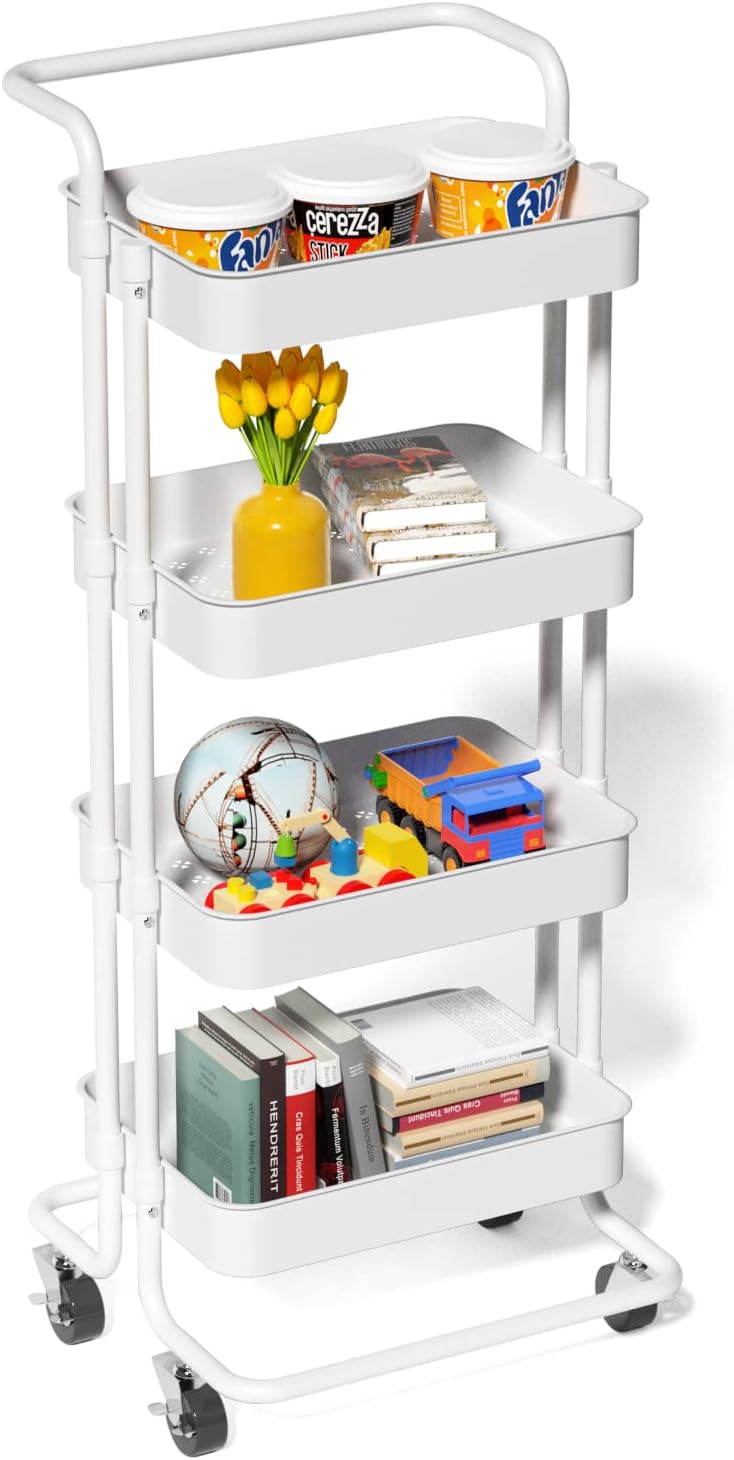 4 Tier Utility Rolling Cart with Lockable Wheels, Mesh Basket and 5 Hooks M7823
