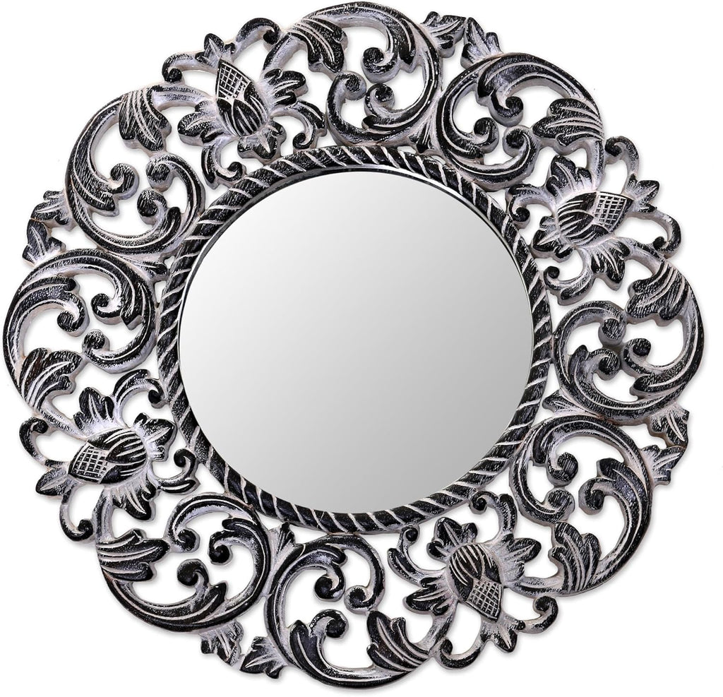 Black and White Floral Wood Wall Mounted Mirror H819916