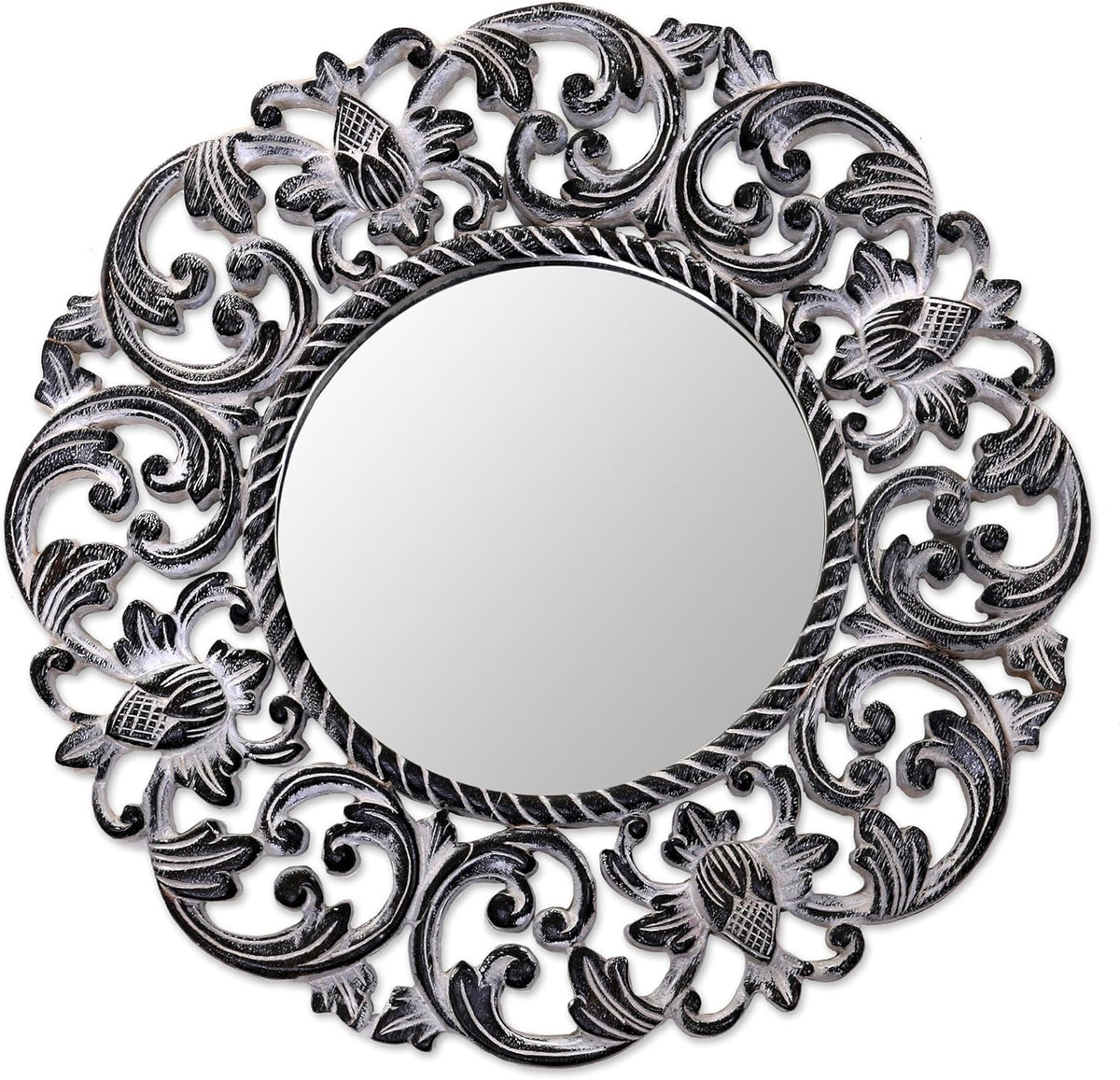 Black and White Floral Wood Wall Mounted Mirror H819916