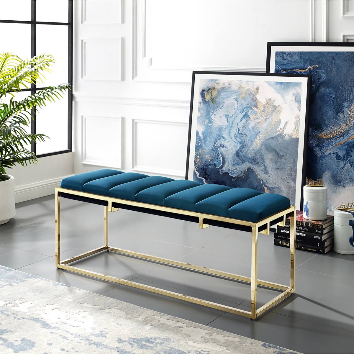 Channel Tufted Velvet Bench Metal Frame V7555