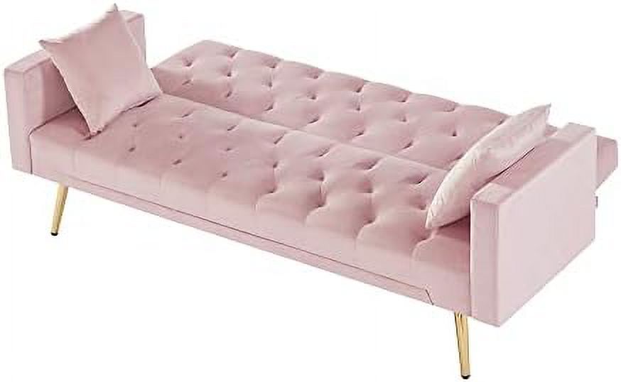 Pink Velvet Futon Sofa Bed with Two Pillows and Metal Legs L36056