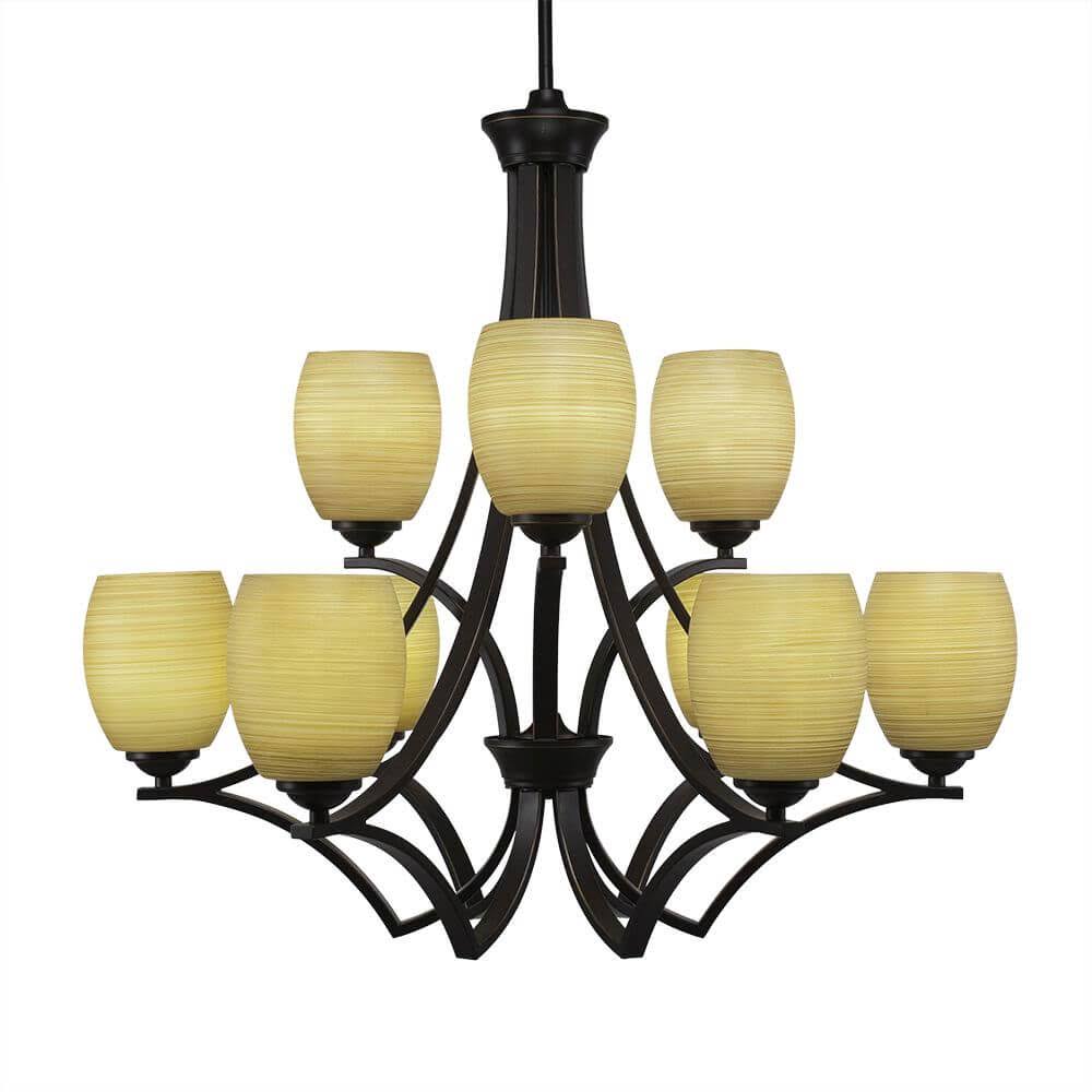 Nine Light 2-Tier Chandelier Dark Granite Finish with Linen Glass F310