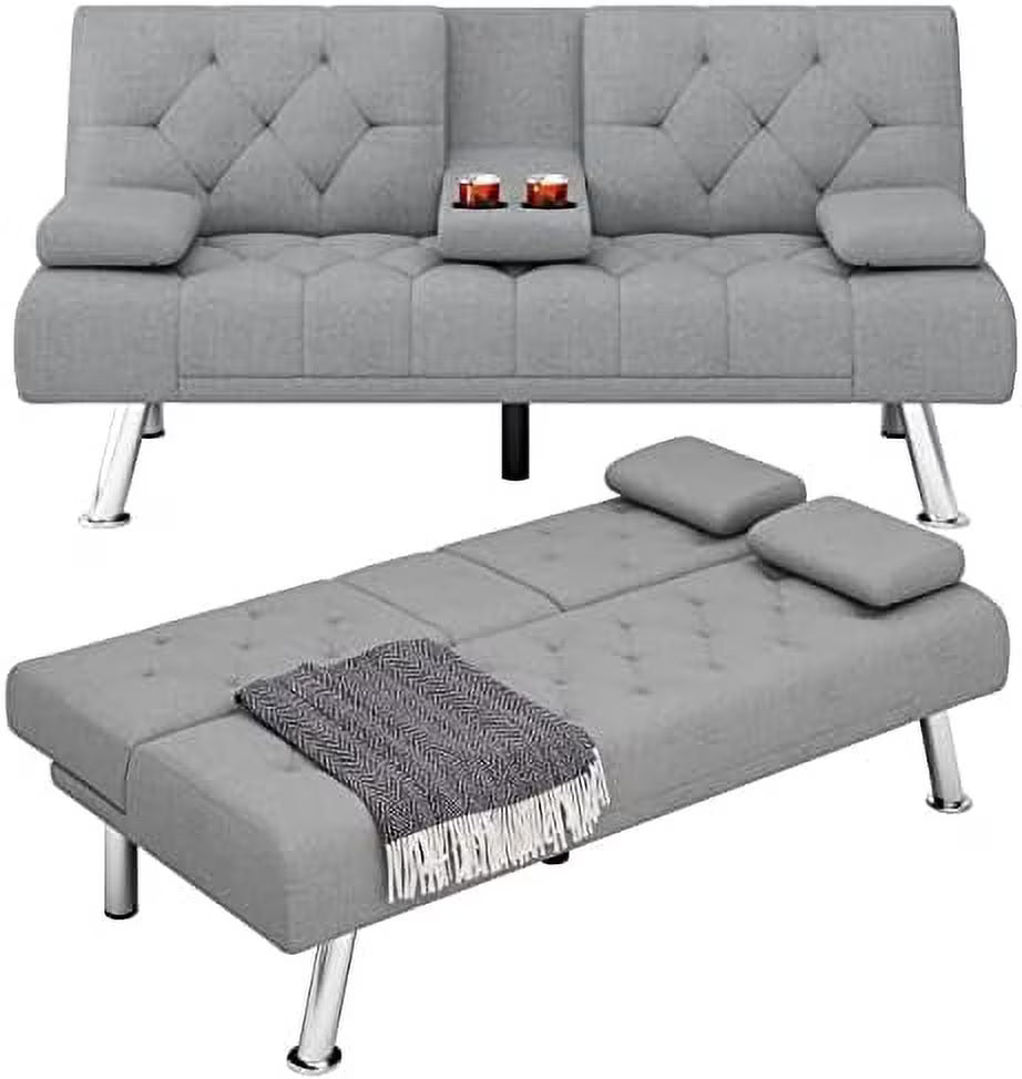 Dark Grey Upholstered Convertible Futon Sofa Bed with Removable Armrests L815535