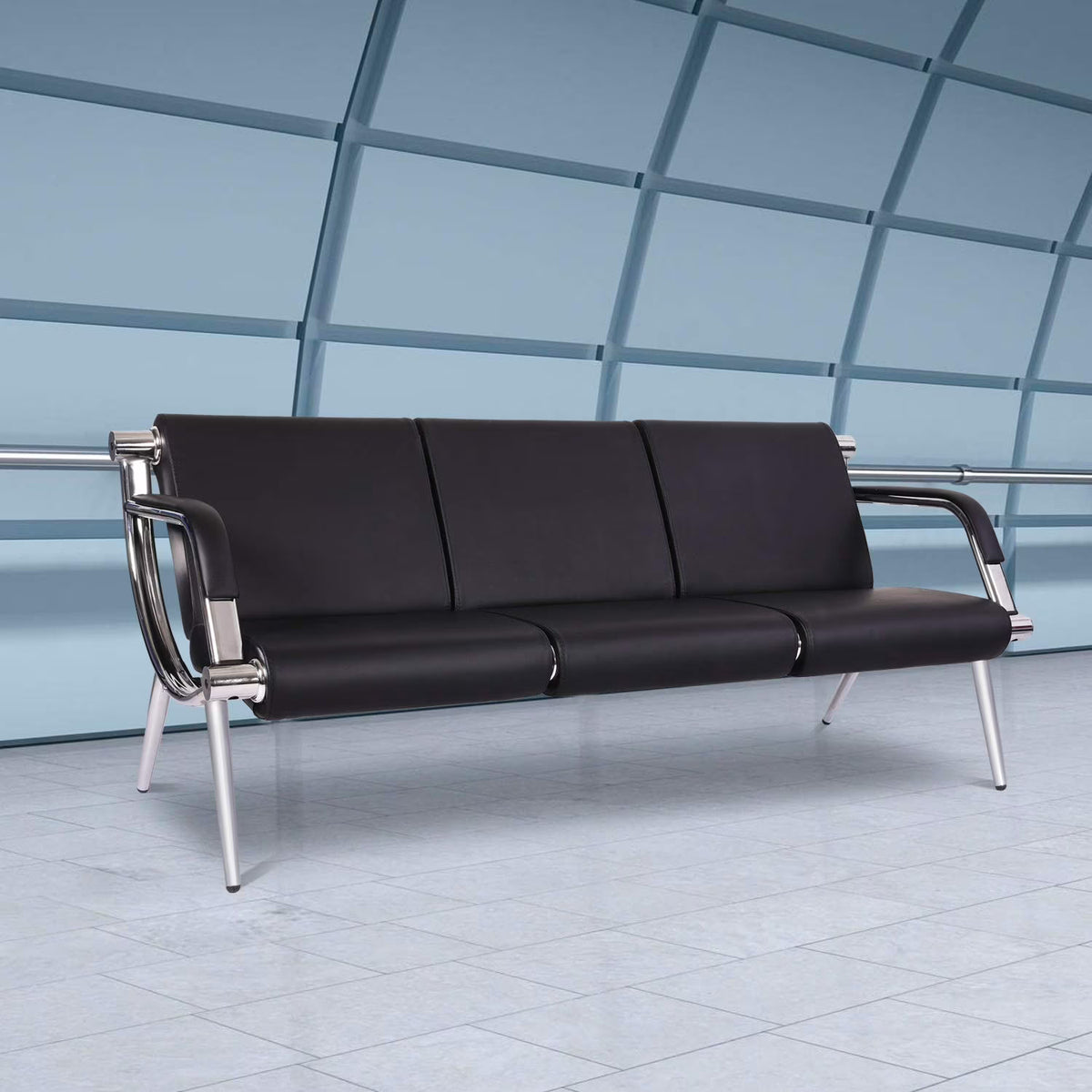 Black Steel Frame 3 Seats PU Leather Reception Bench R9605