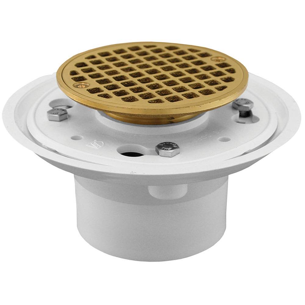 2x22 No Caulk PVC Shower Drain with Brass Tailpiece and Polished Brass Round Strainer T405497