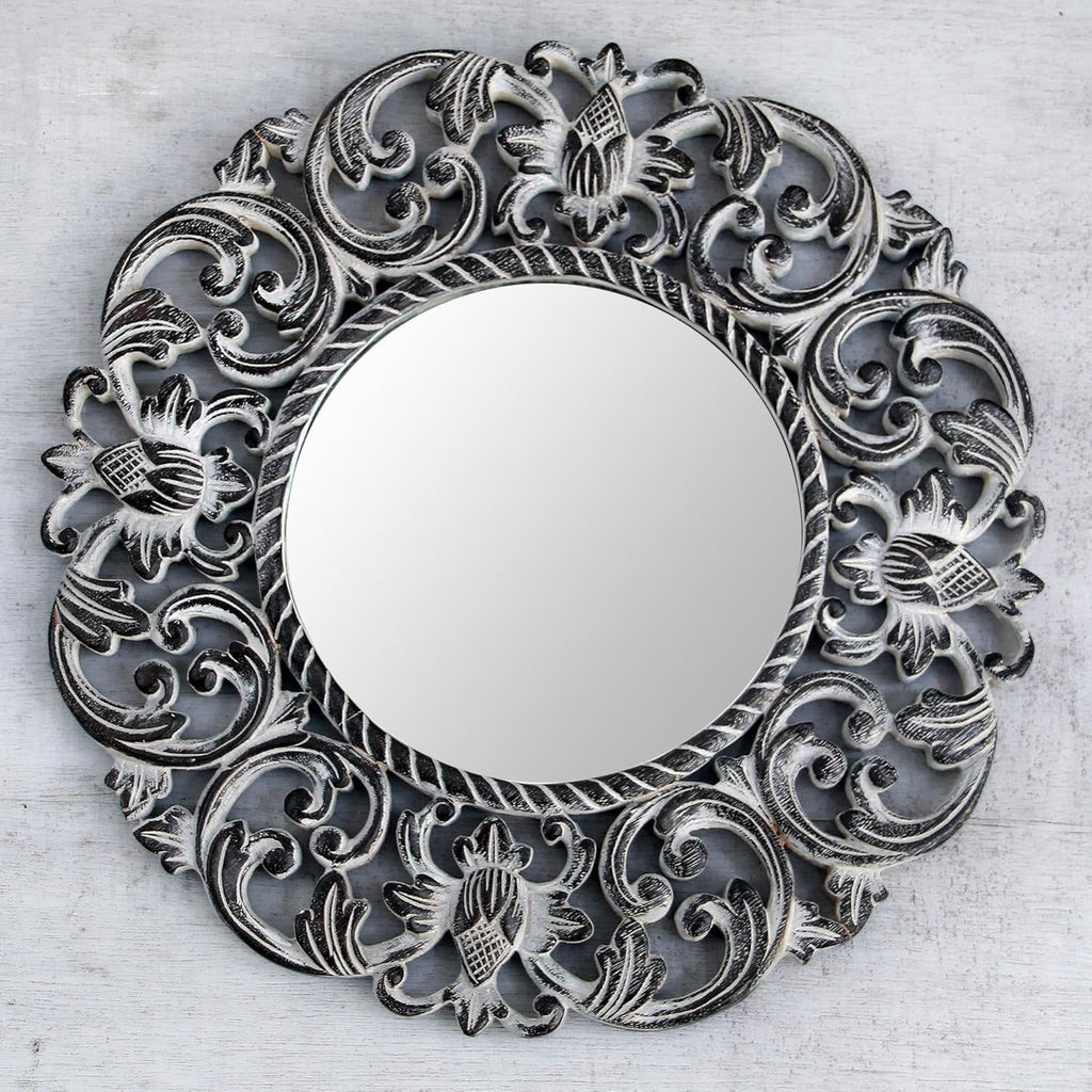 Black and White Floral Wood Wall Mounted Mirror H819916