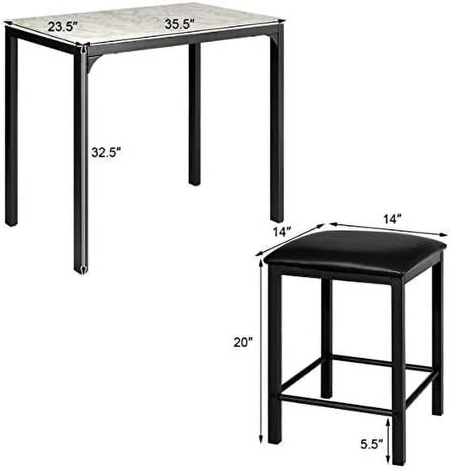 Black 3 Pieces Dining Table Set with Faux Marble Tabletop and PU Leather Stools E99979