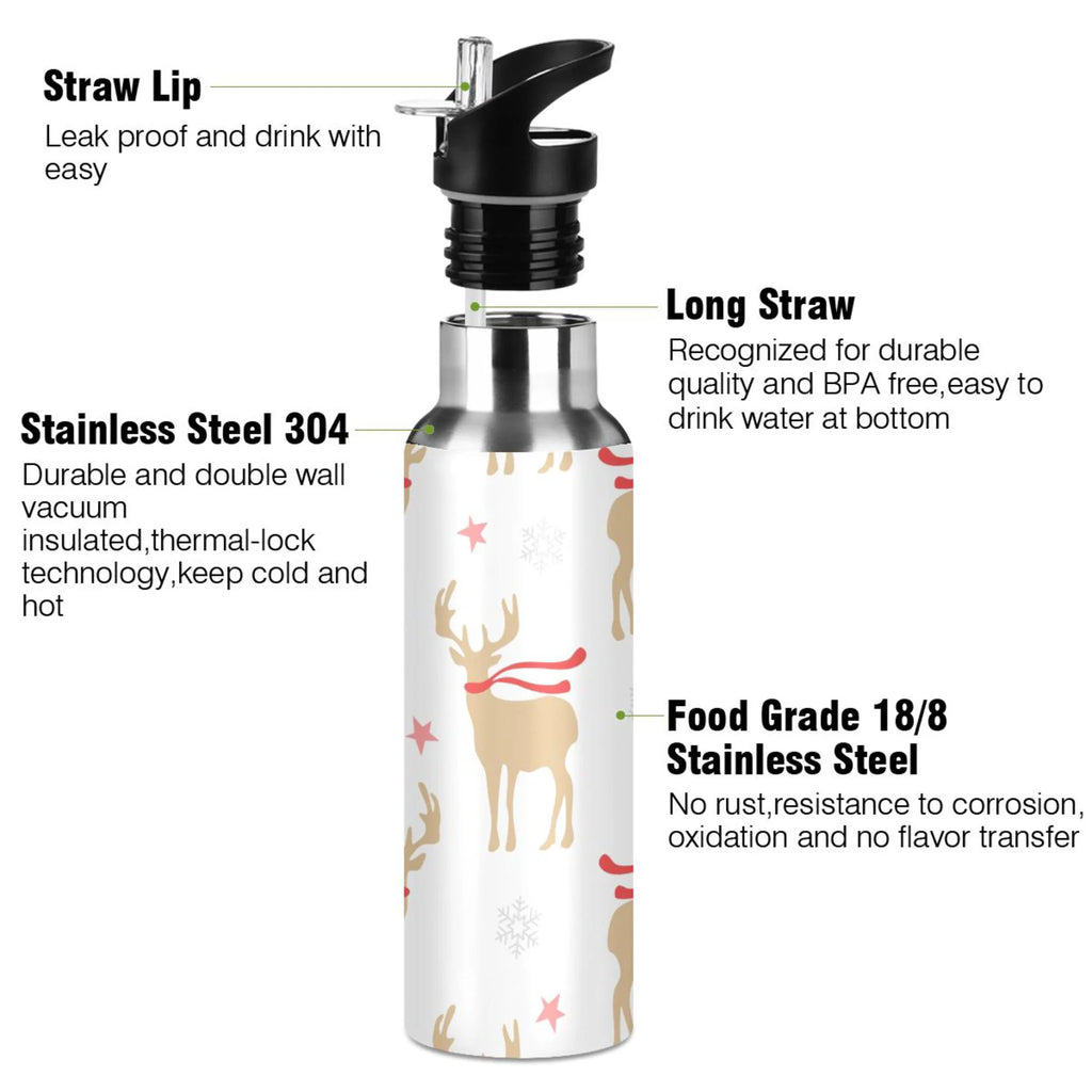 Gold Deers and Snowflakes Stainless Steel Insulated Water Bottle with Straw Lid T628