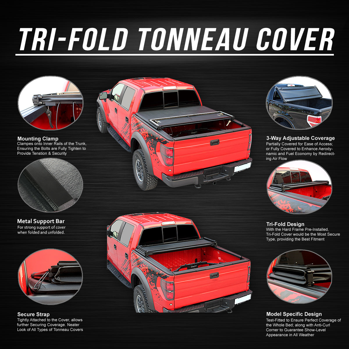 Tri-Fold Soft Tonneau Cover for Jeep Gladiator Pickup Truck Bed Z22240