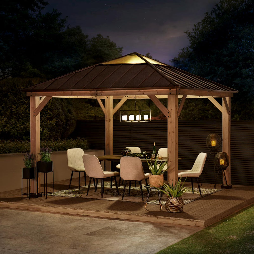 Cedar Framed Gazebo with Black Steel and Polycarbonate Hip Roof Hardtop U8584