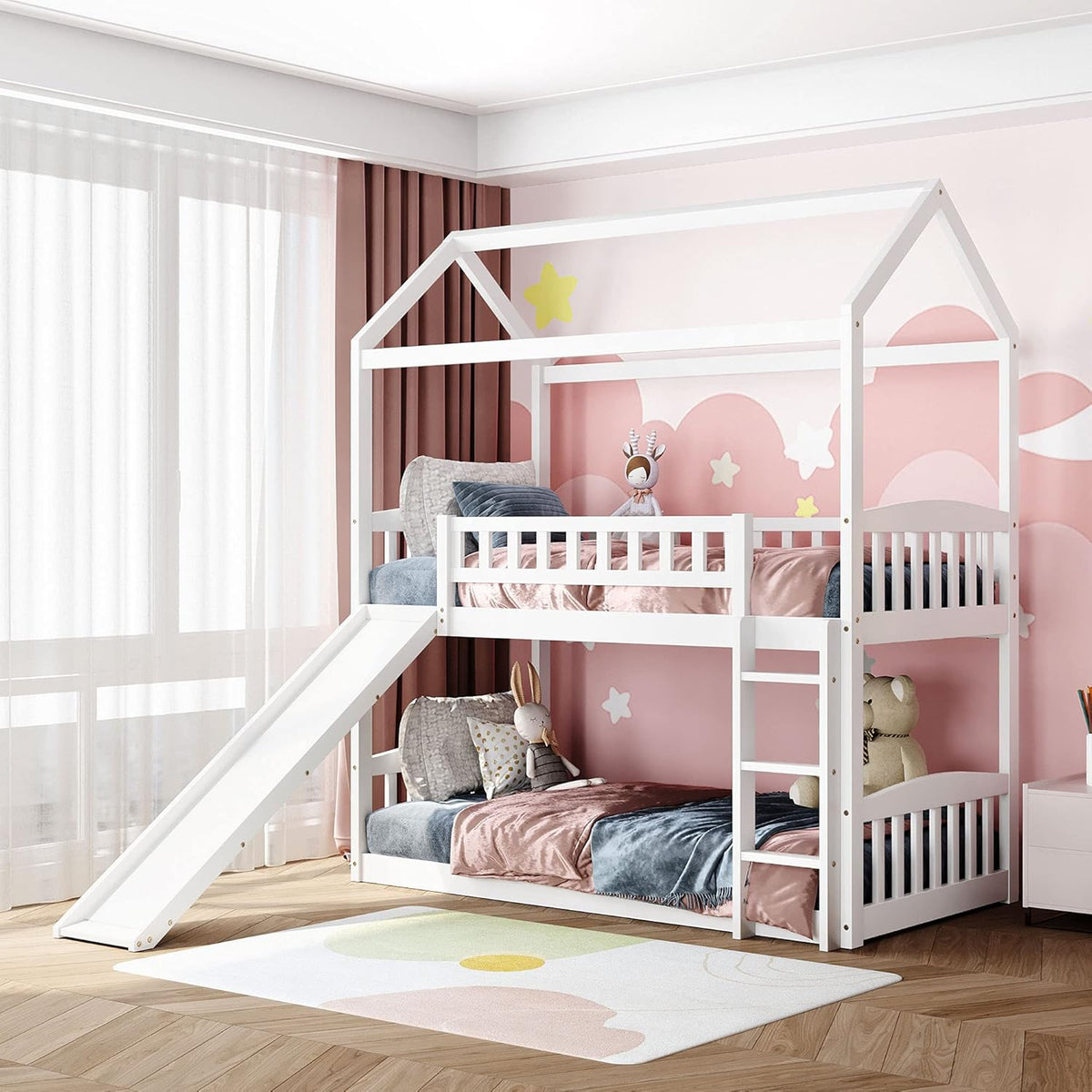 Twin Over Twin Metal Bunk Bed with Slide and Integrated Ladder, Black X460