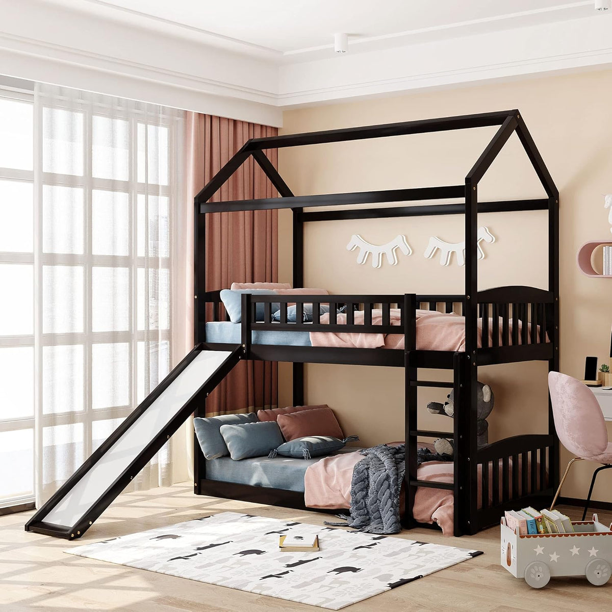Twin Over Twin Metal Bunk Bed with Slide and Integrated Ladder, Black X460