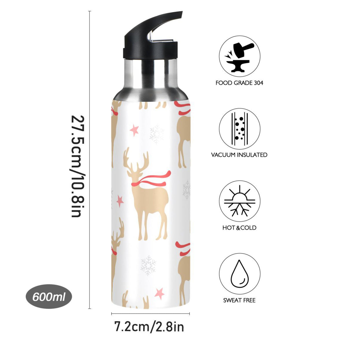 Gold Deers and Snowflakes Stainless Steel Insulated Water Bottle with Straw Lid T628