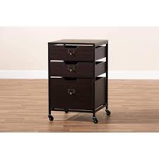 Espresso Wood and Black Metal Mobile File Cabinet 3-Drawer O2602