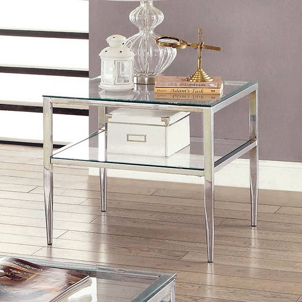 Chrome Glass-Top End Table with Glass Shelf J7441