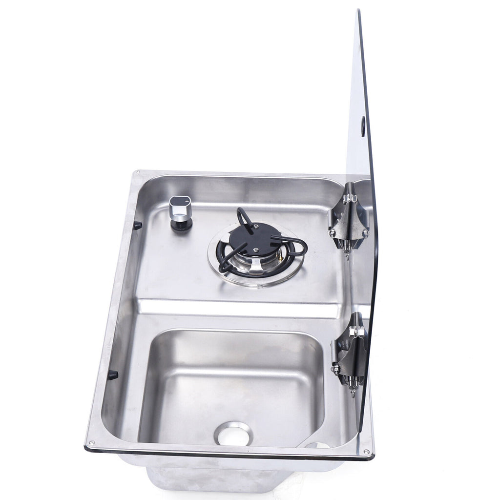 1 Burner Gas Stove Hob Sink Combo with Black Glass Lid Faucet D986