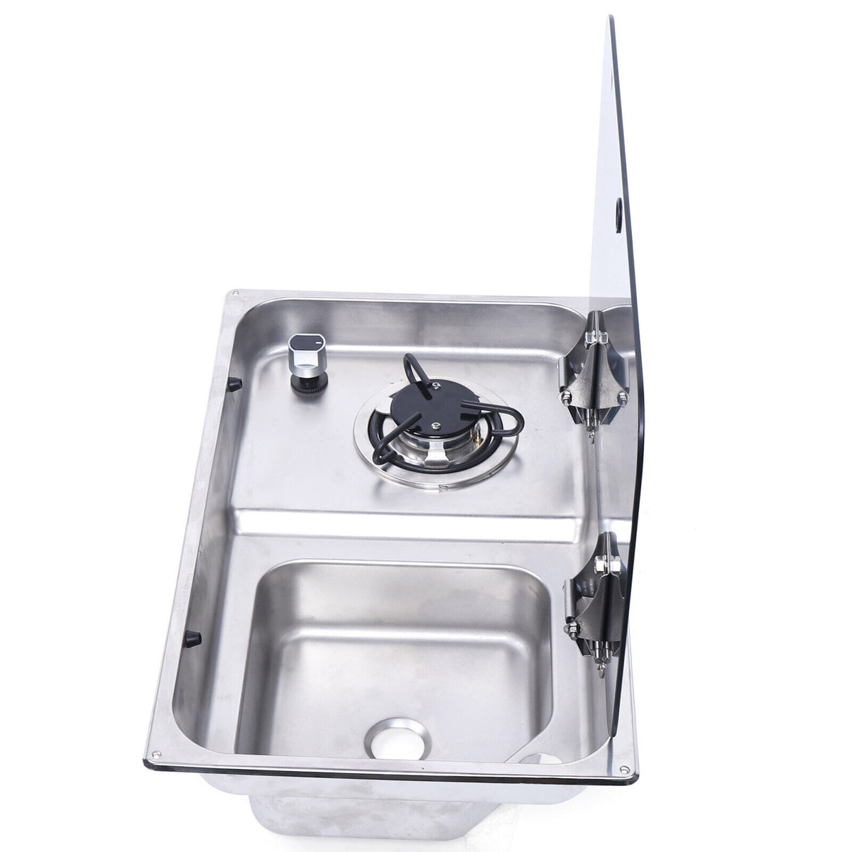 1 Burner Gas Stove Hob Sink Combo with Black Glass Lid Faucet D986