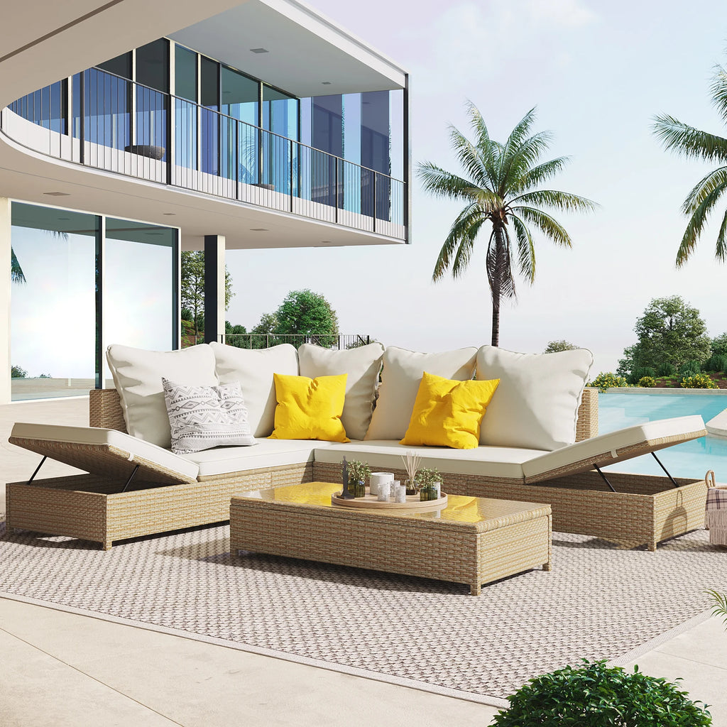 3PCS Rattan Sectional Sofa Set with Adjustable Chaise Lounge Frame and Tempered Glass Table B476499
