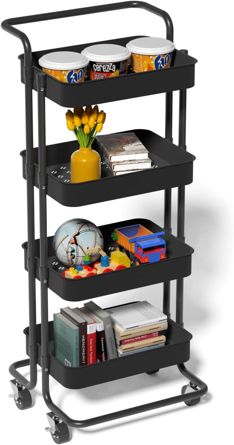 4 Tier Utility Rolling Cart with Lockable Wheels, Mesh Basket and 5 Hooks M7823