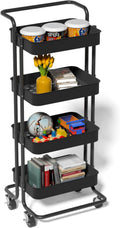 4 Tier Utility Rolling Cart with Lockable Wheels, Mesh Basket and 5 Hooks M7823