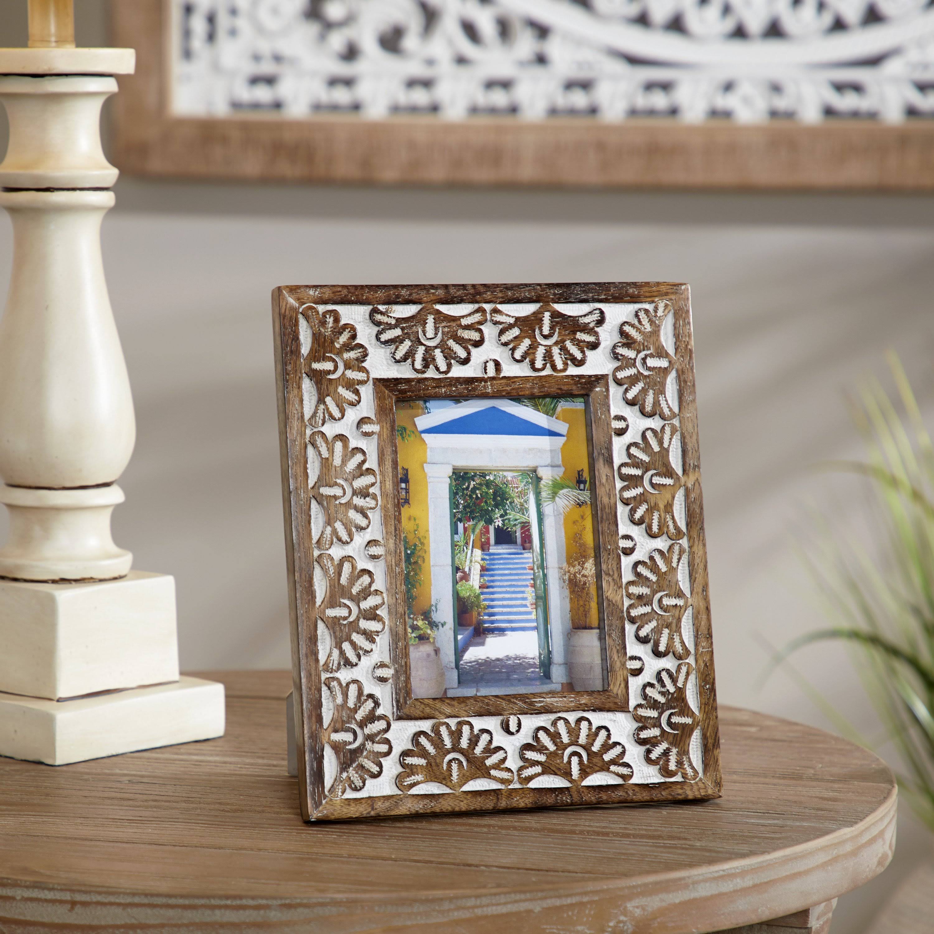 9 in. x 11 in. Rectangular Carved Wood Antique Floral Picture Frame, Whitewash Finish, Brown J557814