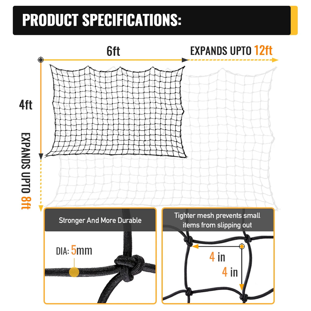 4'x6' Bungee Cargo Net Stretches to 8'x12' with 24 Universal Hooks Y97908