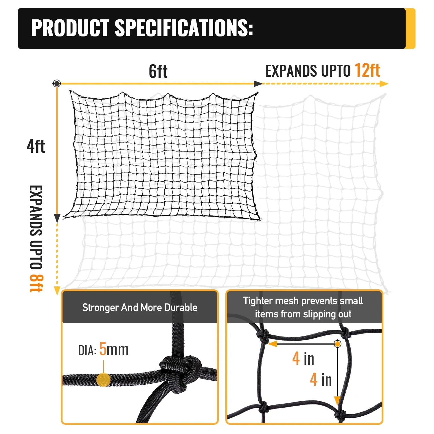 4'x6' Bungee Cargo Net Stretches to 8'x12' with 24 Universal Hooks Y97908
