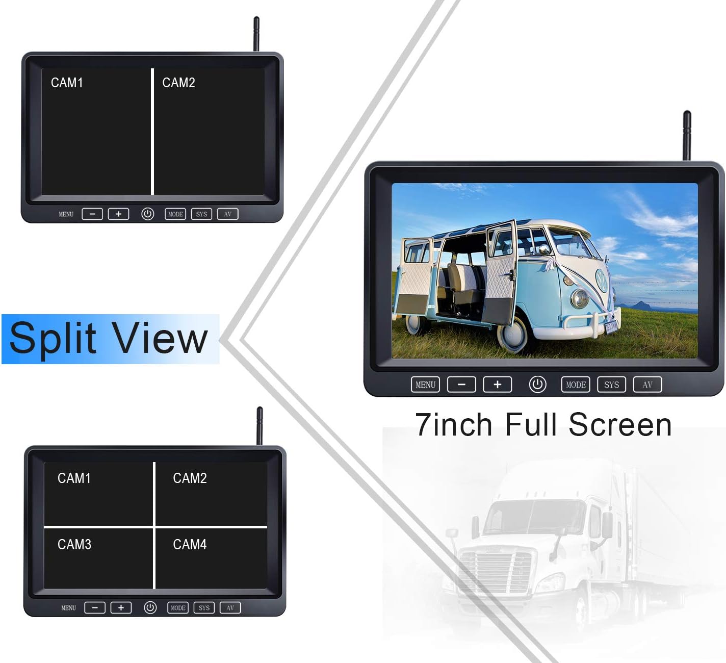 Wireless Backup Camera with 7 Inch DVR Quad Split Monitor, HD 1080P 3 Cameras Back Up System with Recording V8161