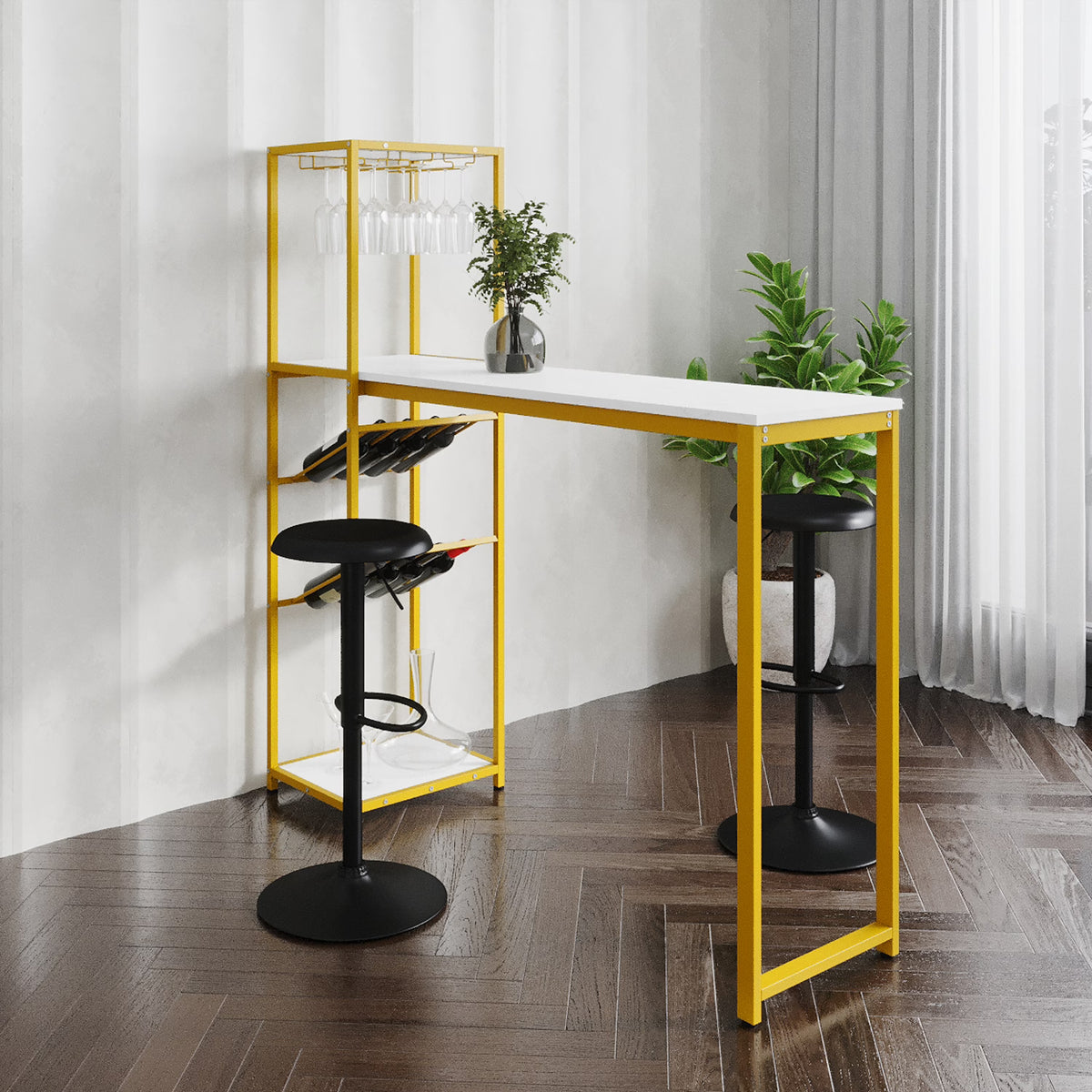 Gold Steel Tube Frame Bar and Wine Table with Faux Marble Melamine Table Top U68275