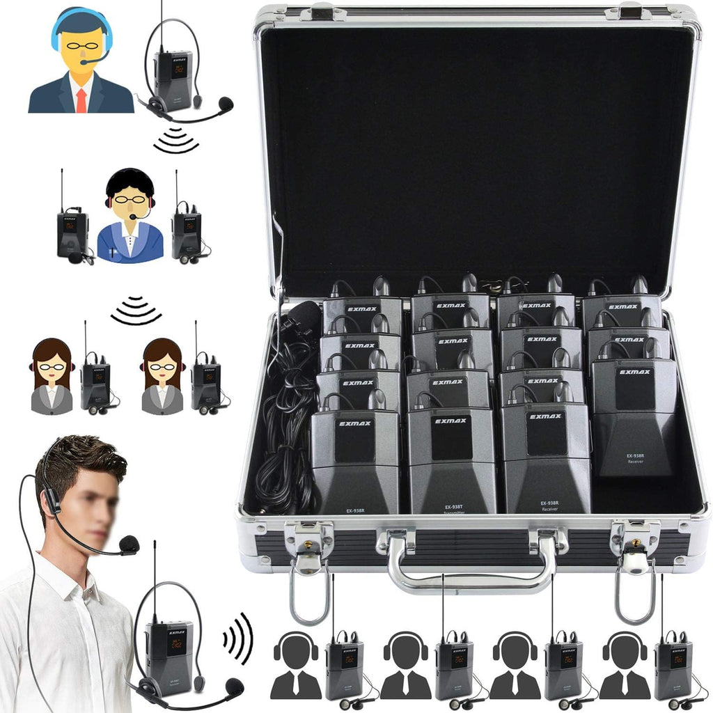Wireless Headset Microphone Tour Guide System (1 Transmitter 14 Receivers with Black Storage Case) L335