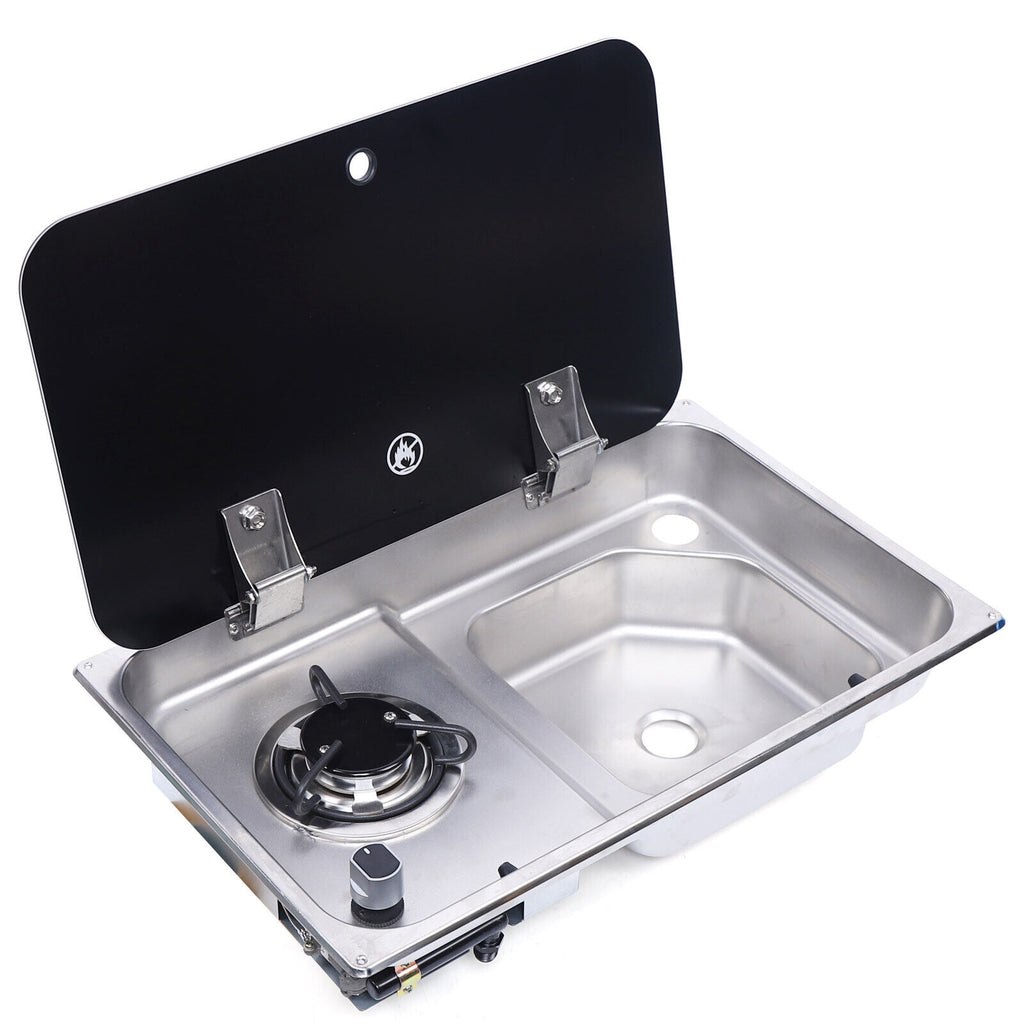 1 Burner Gas Stove Hob Sink Combo with Black Glass Lid Faucet D986