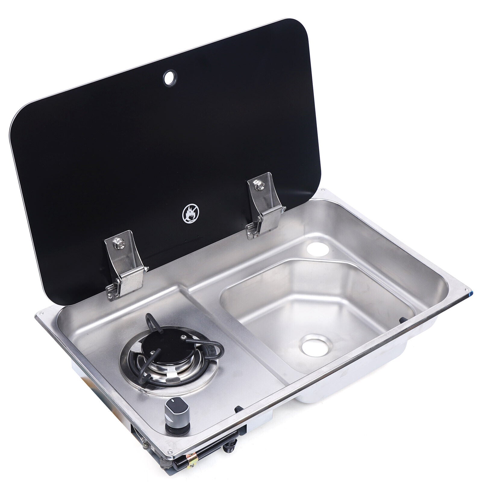 1 Burner Gas Stove Hob Sink Combo with Black Glass Lid Faucet D986
