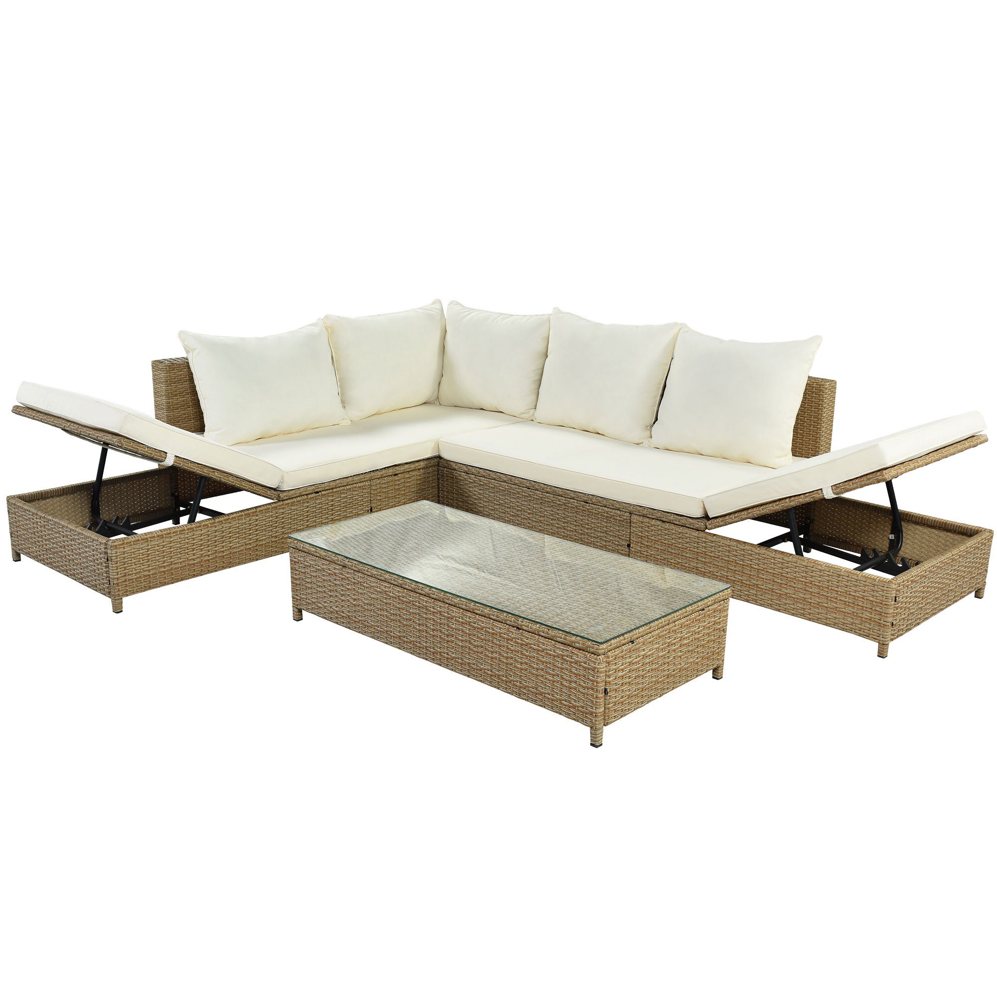 3PCS Rattan Sectional Sofa Set with Adjustable Chaise Lounge Frame and Tempered Glass Table B476499