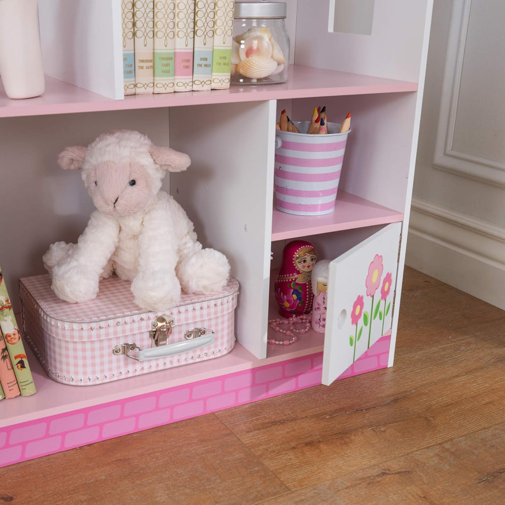 Wooden Dollhouse Bookcase with Shelves and Hidden Storage J389671