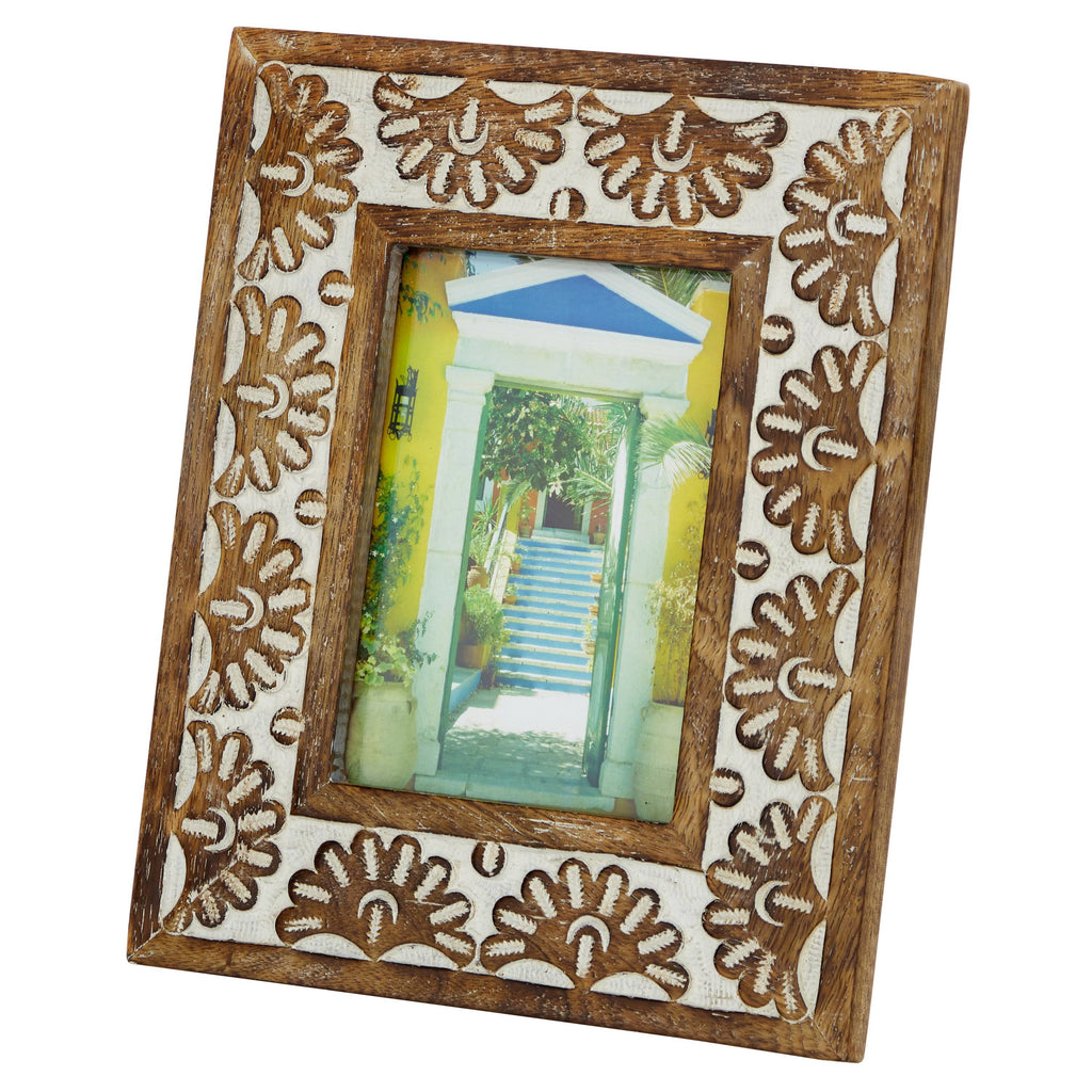 9 in. x 11 in. Rectangular Carved Wood Antique Floral Picture Frame, Whitewash Finish, Brown J557814