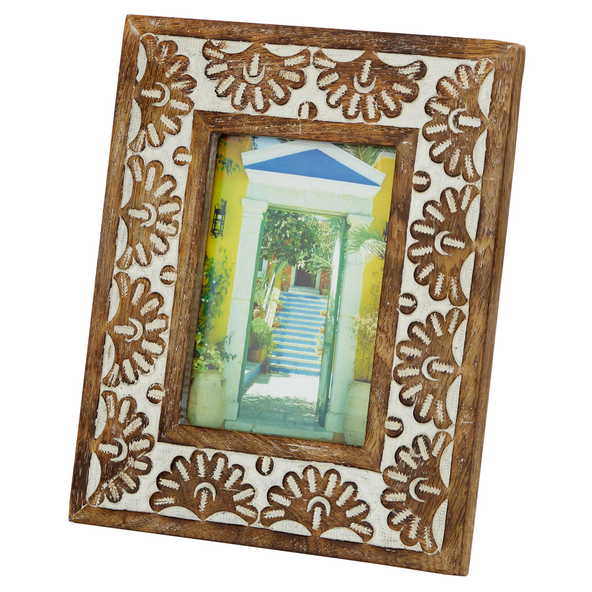 9 in. x 11 in. Rectangular Carved Wood Antique Floral Picture Frame, Whitewash Finish, Brown J557814