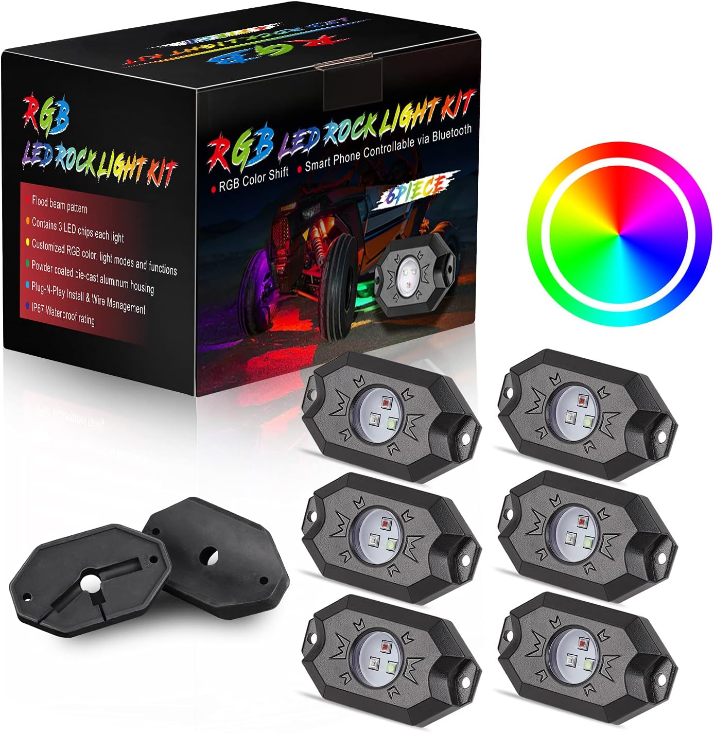 6 Pods Multicolor LED Rock Light Kit with Bluetooth Controller Pack of 2 A48213