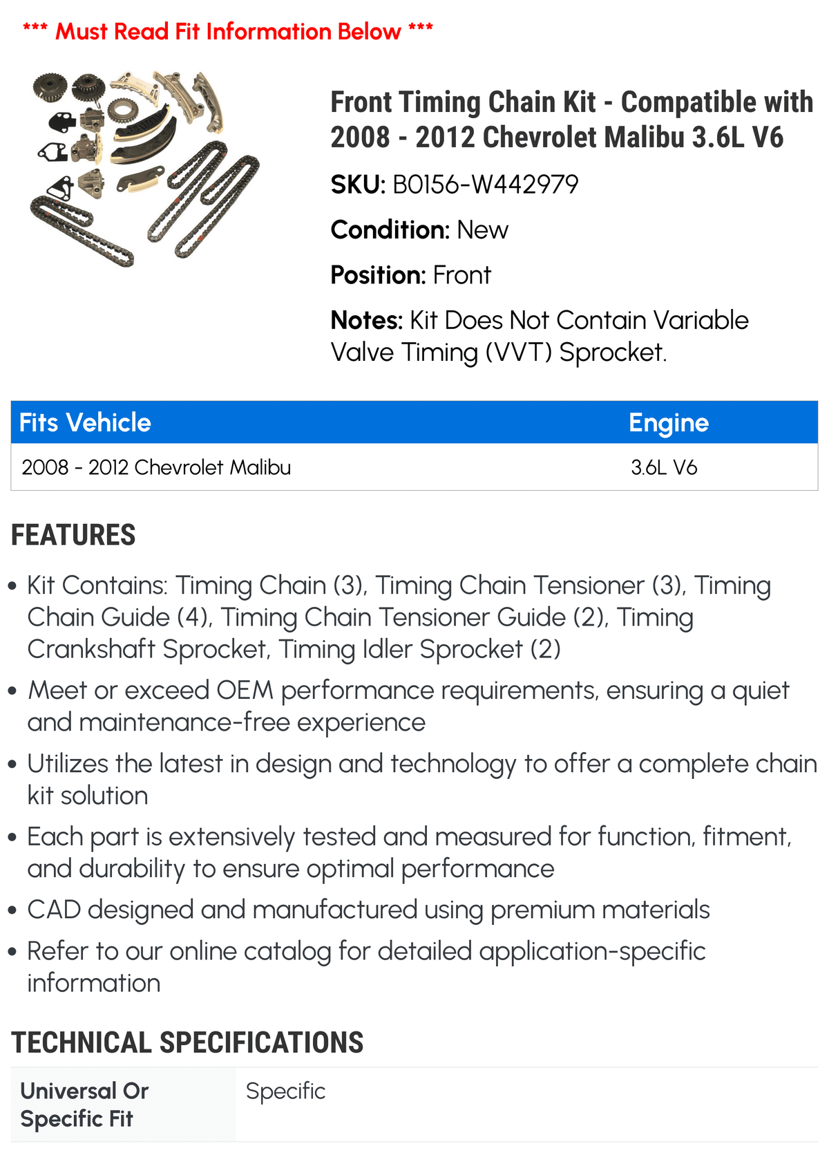 Front Timing Chain Kit for 2008-2012 Chevy Malibu 3.6L V6 J75804