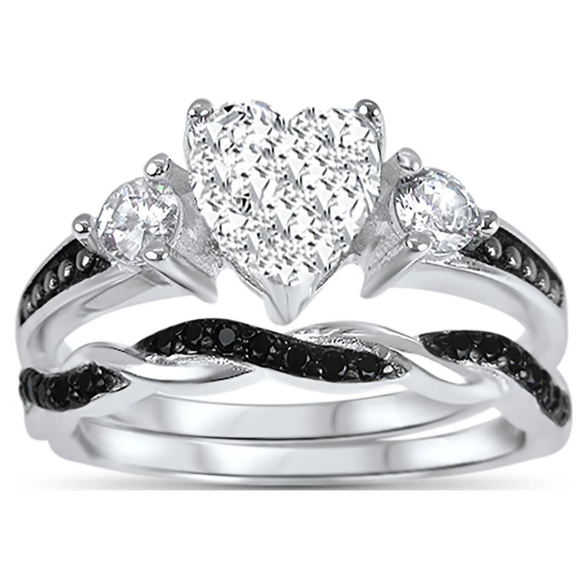 3 Piece Sterling Silver Black Wedding Band Engagement Ring Set V278796
